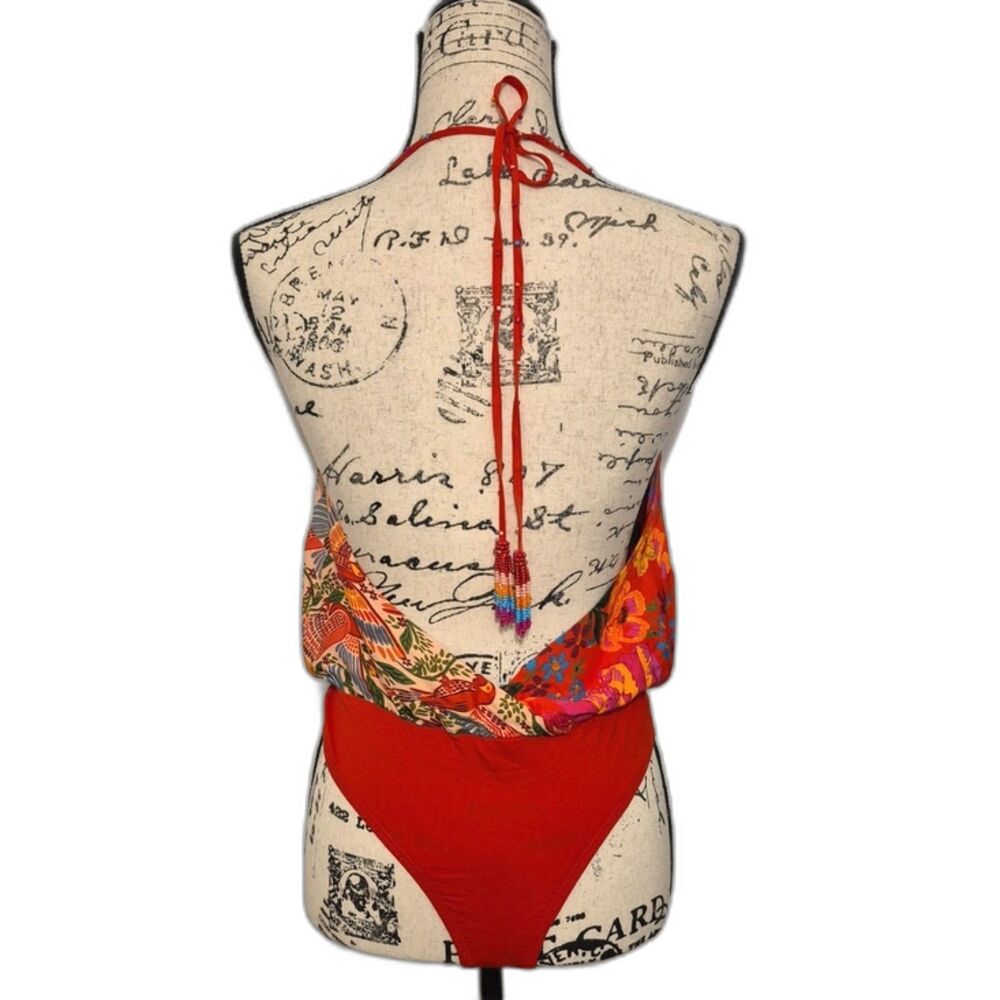 FARM Rio Floral Patchwork Bodysuit Small Red Tropical Boho Surplice Cami - Picture 5 of 14